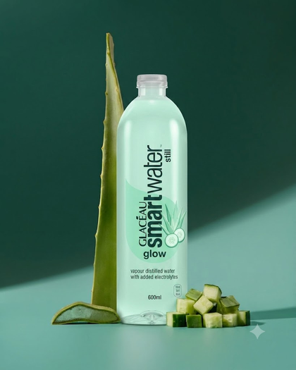 Smartwater Glow product shot with aloe vera and cucumber cues